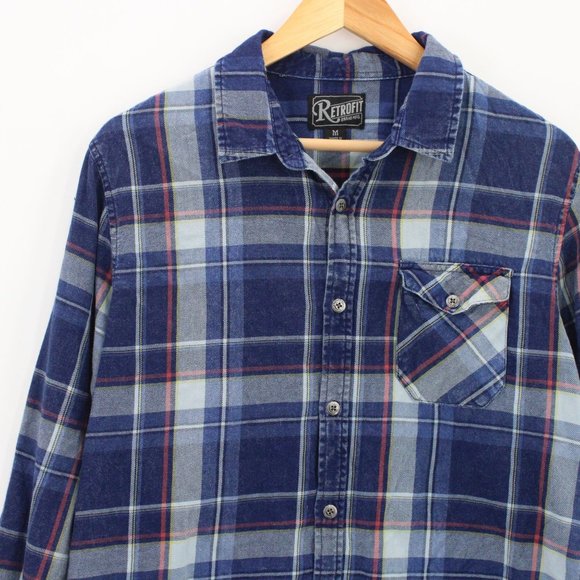Retrofit Shirt Mens Blue Plaid Button Down Long Sleeve Collared Cotton Sz M - Picture 3 of 9